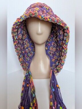 NEW, Crochet hood with beads, black light reactive, handmade
